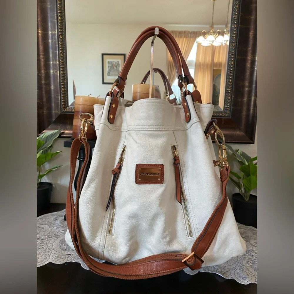 Cynthia Rowley Womens Shoulder Bag, Leather Zip Pockets Off White/Brown, X LRG - Picture 1 of 16